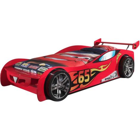 Lit voiture Le Mans 90x200cm – MDF rouge avec sommier inclus – Jantes chromées et spoiler rouge – Éclairage LED optionnel – Vipack (1/5)