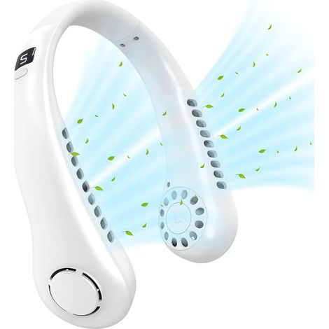 Ventilador de cuello sin aspas, ventilador de cuello portátil con pantalla LED, 5 velocidades de viento, batería de 3000 mAh, ventilador de cuello de 360°, color blanco. (1/5)