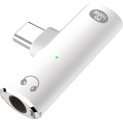 White, 2-in-1 100W Fast Charging USB-C Headphone Adapter and 3.5mm Audio Adapter for Type-C Phones (1/5)