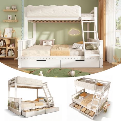Etagenbett 90x200 140x200 cm mit Schubladen und Zeitschriftenständer, Familienbett aus Holz in Weiß, Kinderbett mit Wolken-Geländer (1/5)