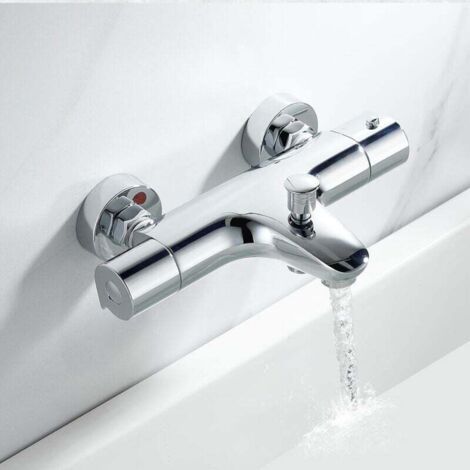 Mitigeur thermostatique de bain, mitigeur thermostatique de douche en laiton, robinet de baignoire avec butée de sécurité 38 °C, robinet de douche mural à deux sorties, entraxe de 150 mm, chromé (1/5)