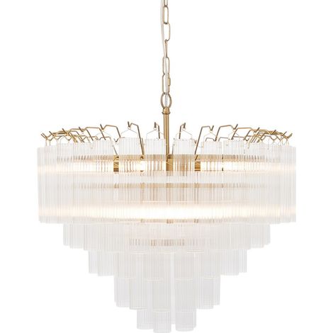 Plafonnier suspendu en laiton satiné – Verre transparent à fines nervures – 12 x G9 – Indice de protection IP20 – Hauteur réglable 60-196 cm – Diamètre 50 cm – Endon