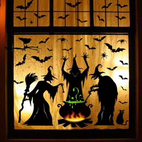 Décorations d'Halloween pour fenêtres - Lot de 4 feuilles extra larges avec silhouettes : 3 sorcières, un chat noir, une chauve-souris, une araignée et un chaudron - Stickers d'intérieur effrayants po (1/5)