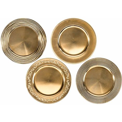 Assiettes de présentation de Noël en plastique rigide doré effet vieilli, lot de 8, diam. 33 cm