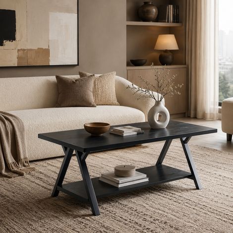Table basse industrielle avec étagère de rangement, 110 x 57 x 44,5 cm, noir, MDF et métal OKMYHOME (1/5)