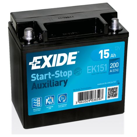 Batterie AGM 12V 15Ah 200A – Dimensions 150x90x145 mm – Compatible systèmes Start-Stop – Puissance fiable et durable – Exide - EK151 (1/3)