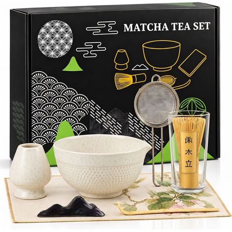 Roxlin Matcha Set (7-teilig) Keramik, Bambus-Besen, Schale & Zubehör - Weiß