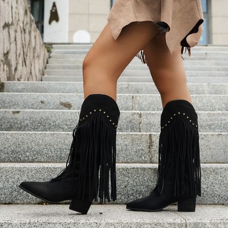 Bottes western à franges pour femmes, bottes de motard/cowboy à mollet large (1/4)