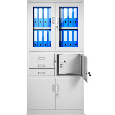 Jan Nowak C018S Aktenschrank Büroschrank Metallschrank Tresor Safe Geheimfach Flügeltüren Schubladen Pulverbeschichtung Stahlblech 185 cm x 90 cm x 40 cm grau
