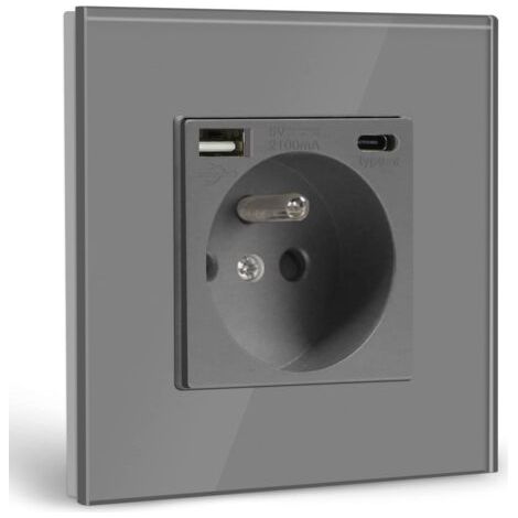Prise Murale avec USB et 1 Type C,16A Prise de Courant Alternatif avec Panneau en Verre,Multiprise Murale Max 2.1A,Convient au Smartphone, à la Tablette (1 Prise avec USB et Type C,Gris) (1/4)