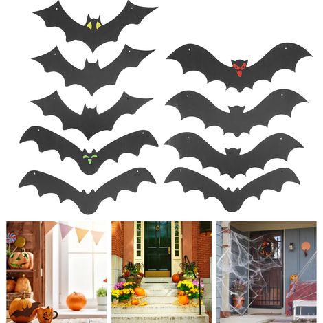 Décoration Halloween 9 Chauves-Souris Volantes en Papier et Plastique Noir Suspension pour Cour et Fenêtre (1/5)