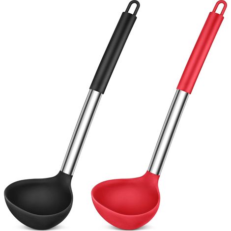 Cuillère À Soupe - Silicone Résistant À La Chaleur + Acier Inoxydable - Tête Profonde Ergonomique - Pour Cuisiner Et Servir - Lot De 2 (1/5)
