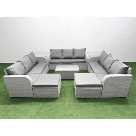 Fimous PE Rattan Lounge Sofa Set 11 Seater Outdoor Garden Furniture Set with Rectangular Coffee Table 3 Seater Sofa 2 Big Footstools 2 Side Table Light Grey (1/5)