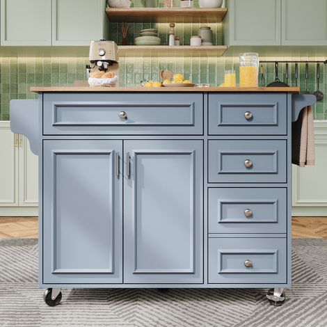 Îlot de cuisine 110x45-75x92 cm bleu avec motif vintage serviteur amovible buffet mobile table à manger multifonction avec rangement (1/5)