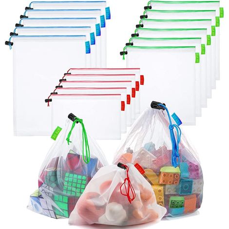 Filiyano-Lot de 16 sacs de rangement multifonctionnels - 3 tailles de sacs en filet réutilisables avec cordon de serrage - Sacs pour fruits et légumes (1/5)