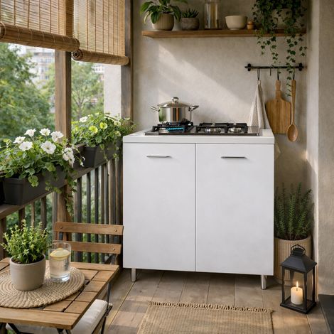 Mobile Cucina con Piano Cottura 4 Fuochi 80x60x85 cm con Piastre in Ghisa Bianco (1/4)