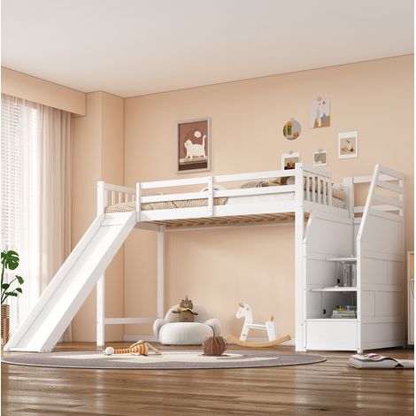 Lit mezzanine enfant 90/200 cm blanc en pin avec toboggan et marches de rangement (1/5)