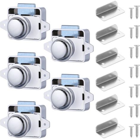 Set mit 5 Druckknopf-Schubladenschlössern für Schränke, schlüsselloses Ratschenschloss für Wohnwagen, Wohnmobile, Campervans, Boote, verchromt (1/5)