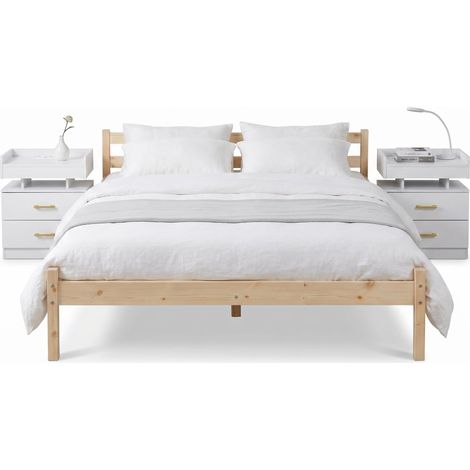 FurnitureR Schlafzimmer Set Bettgestell Holz 140×190 cm Doppelbett mit 2 Nachttischen USB Steckdose LED Beleuchtung Stauraum modernes Möbel Naturholz
