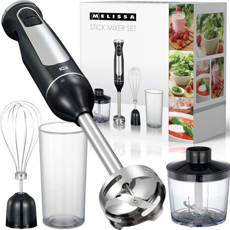 Melissa Set Frullatore Immersione 600W 3in1 Tritatutto Frusta Misurino Inox Nero