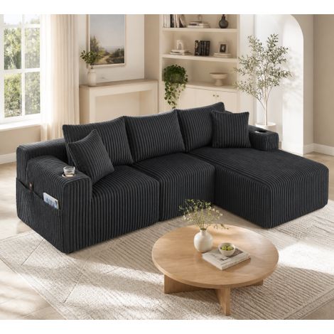 Modulares Sofa Set mit Chaiselongue & 2-Sitzer, weicher Cordbezug, mit 5 Kissen, seitliche Taschen & Getränkehalter, hochdichter Schaumstoff, DIY-Kombination, Ideal für Wohnzimmer, Apartment & Studio. (1/5)