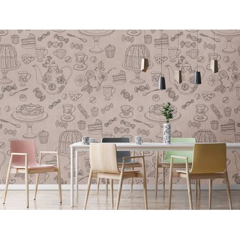Papier peint panoramique cuisine motif café | Tapisserie panoramique beige à motif tasse & gâteaux | Papier peint panoramique salle à manger - 270 x 400 cm (4 pièces) (1/5)