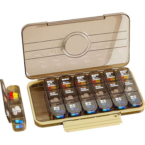 Distributeur de médicaments portable en plastique transparent, boîte de rangement quotidienne pour huile de poisson, vitamines et compléments, 21 compartiments, marron (1/5)