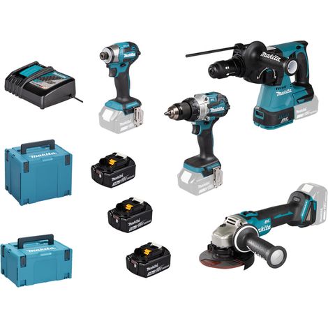 MAKITA Set di utensili a batteria DGA504+DHR243+DHP489+DTD173 Li-ion LXT 18V/5.0Ah DLX4195JX1