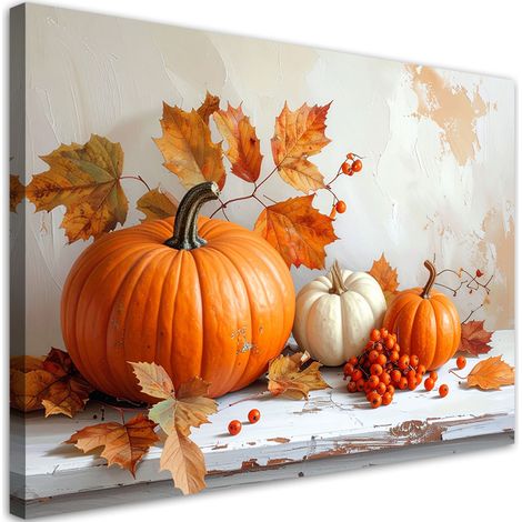 Quadro su tela, Zucche natura morta foglie shabby chic, 30x20 (1/5)