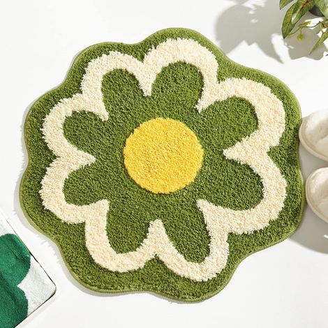 Tapis De Bain Vert en Forme De Fleur Antidérapant Absorbant l'eau pour Salle De Bains, Mignon Lavable en Machine Petit Rond Floral Doux Moelleux 60 X 60 Cm (1/5)
