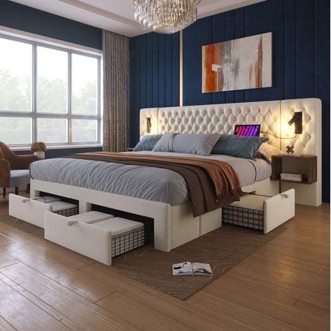 FLORAGRACE Cadre de lit double 180x200 cm en tissu beige, avec 2 tables de chevet, 4 tiroirs, 2 liseuses et charge USB Type-C (1/5)