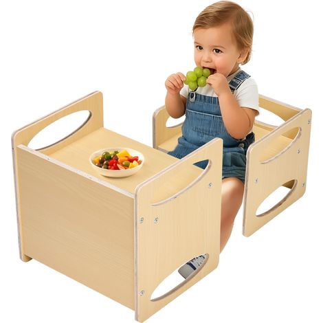 VEVOR Set Tavolo e Sedia per lo Svezzamento Montessori, Set Tavola in Legno per Bambini 380 x 300 x 362 mm, Sgabello Regolabile Altezza 265 mm, Sedia per Leggere, Mangiare, Legno Naturale