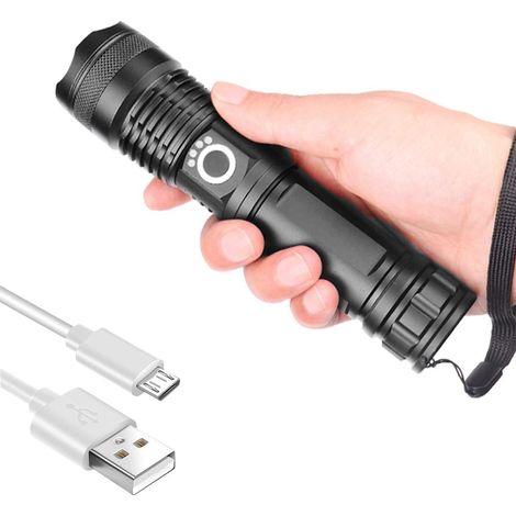 Linterna táctica con enfoque ajustable, linterna LED recargable e impermeable para actividades al aire libre o como regalo, 5 modos, cable USB incluido. (1/5)