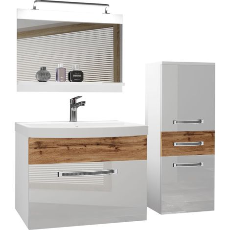 BELINI Meuble de Salle de Bain Lavabo Inclus, Meuble sous-Vasque, Miroir et Cabinet Largeur: 100 cm Kit d'éclairage Inclus Couleur: Blanc Très Brillant/Chêne Wotan (1/4)