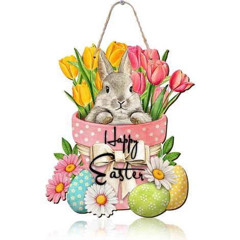 5 letreros de Feliz Pascua para la puerta: conejo y huevo de madera, decoración floral, estilo rústico. (1/5)