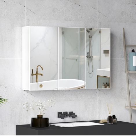 Armario de baño con espejo (90x15.5x60 cm), 3 puertas espejadas, 5 estantes, montado en pared, vidrio y tablero, blanco (1/5)