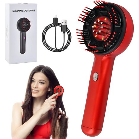 Brosse Massage Cuir Chevelu Électrique, 3 in 1 Masseur Tete Cheveux à Lumière Rouge, Peigne de Massage Electrique, Étanchéité IPX7 avec 3 Modes et Distributeur d'Huile Capillaire 3ML (Rouge) (1/5)