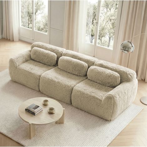 Divano angolare modulare senza struttura, in 180/200 cm, con tessuto effetto peluche e 3 pacchi, color kaki chiaro (1/5)