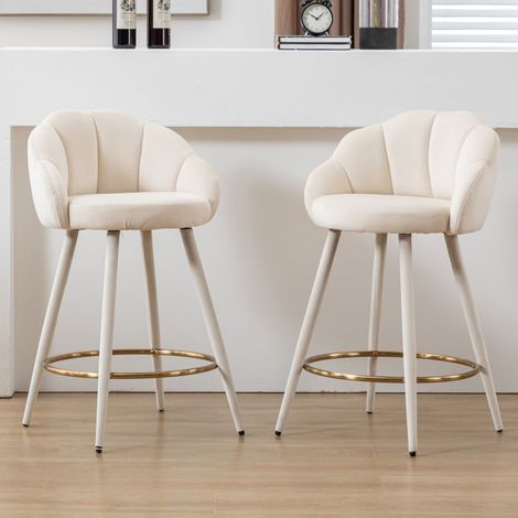 Wahson Tabouret de Bar en Velours,Lot de 2 Chaise de Bar avec Sièges Rembourrés Chaise Haute Cuisine avec Repose-Pieds Métal, Beige