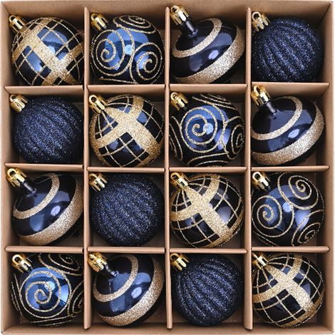 JSSEVN - Juego de 16 adornos navideños de plástico con purpurina pintados a mano para el árbol de Navidad y la decoración navideña del hogar (azul marino) - 6 cm (1/5)