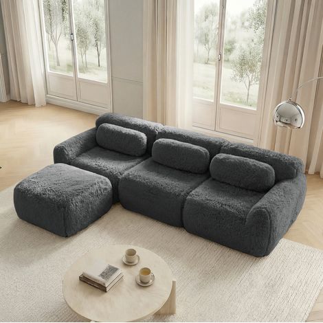 Modulares Ecksofa Grau aus Plüsch rahmenlos mit Ottomane und Kissen (1/5)