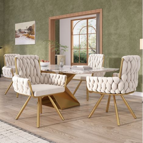 Chaise de salle à manger pivotante en velours beige, lot de 4 HAVRYA (1/5)