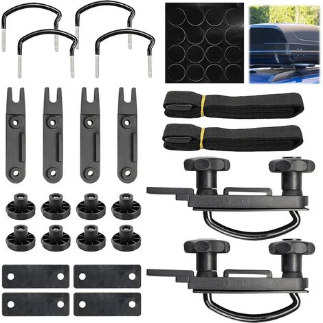 Lot de 4 supports de fixation universels pour coffre de toit en U - Accessoires d'installation avec 8 écrous de sécurité et 2 bandages autocollants (1/5)