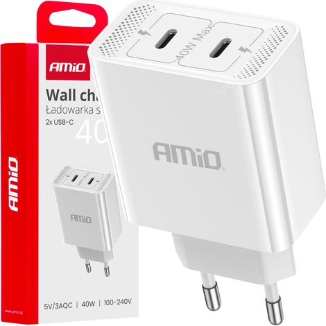 Caricabatterie da parete amio-03892 da 230 V con 2 porte USB-C e potenza di 40 W. (1/5)