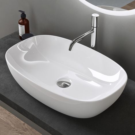 doporro® lavabo sobre encimera lavabo de cerámica ovalado 600x395x140 mm lavabo de blanco brillante para aseo de invitados Brüssel104