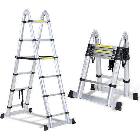 Wolketon Escalera telescópica Escalera plegable de aluminio Escalera de tijera sin ganchos Con estabilizador Con ruedas 1.9m+1.9m Plata
