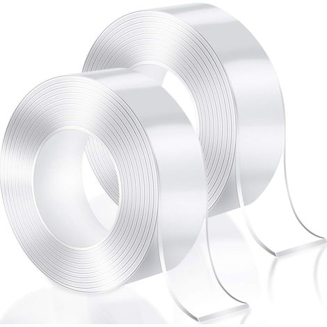 Ruban adhésif double face transparent nano, imperméable et réutilisable, 3 mètres x 20 mm x 2 mm, pour la décoration de la salle de bain et de la maison, sans perçage, 2 rouleaux (1/5)