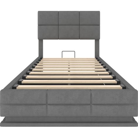 Gepolstertes Bett 90x200 cm aus grauem Samt mit LED, USB/Type-C und Stauraum (1/5)