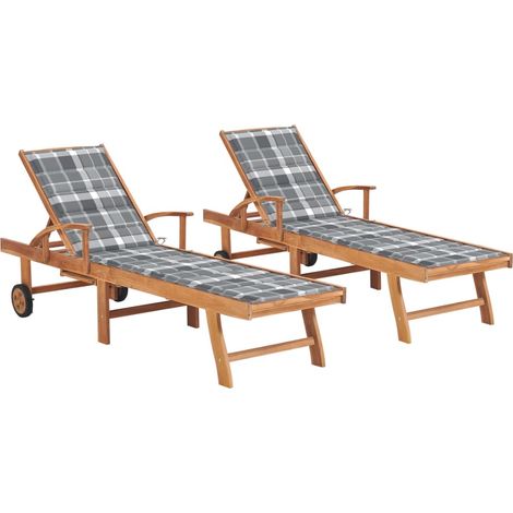 Lot de 2 transats chaise longue bain de soleil lit de jardin terrasse meuble d'extérieur avec coussin carreaux gris teck solide