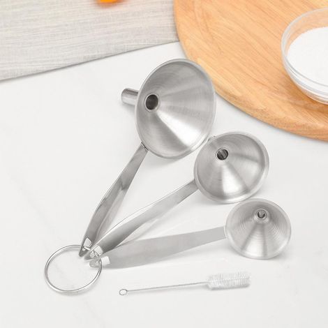 Entonnoir en inox 3 pièces, mini entonnoirs acier inoxydable avec poignée et passoire amovible pour transvaser liquides, set de cuisine robuste (1/5)